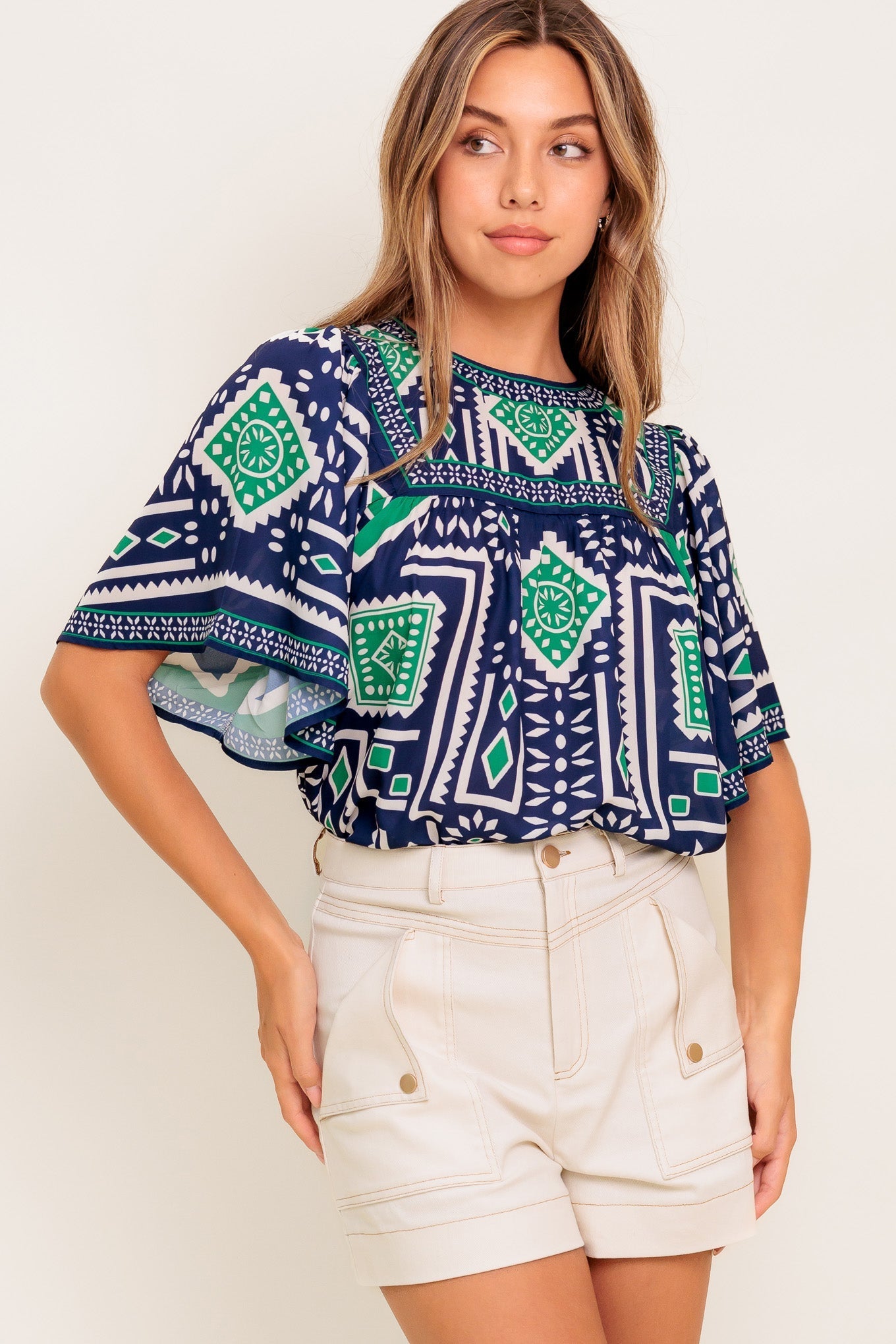 TILE ESCAPE EMBROIDERED WOVEN TOP Flying Tomato